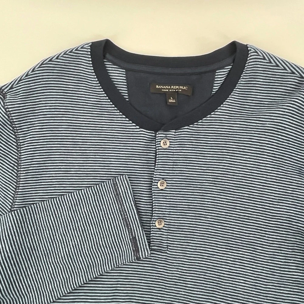 Banana Republic Henley Shirt, Mens, Large, Blue, Striped Pima Cotton Modal